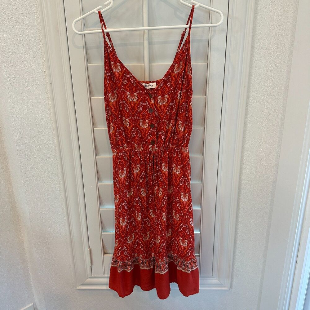 Angashion Rust Boho Paisley Floral Button Front Sundress Size Medium